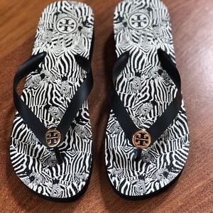 Tory Burch Logo Black White Zebra Wedge Thong